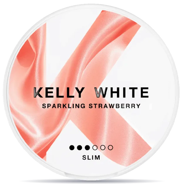 Kelly White Sparkling Strawberry Slim nicotine pouches can, 4.8mg nicotine per pouch, sweet strawberry flavor tobacco-free slim nicotine pouch packaging