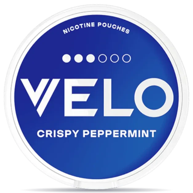 VELO Crispy Peppermint Slim 8mg nicotine pouches can, refreshing peppermint flavor, tobacco-free smokeless nicotine pouch packaging
