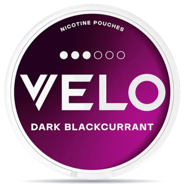 VELO Dark Blackcurrant nicotine pouches can with purple packaging, slim format, 8mg