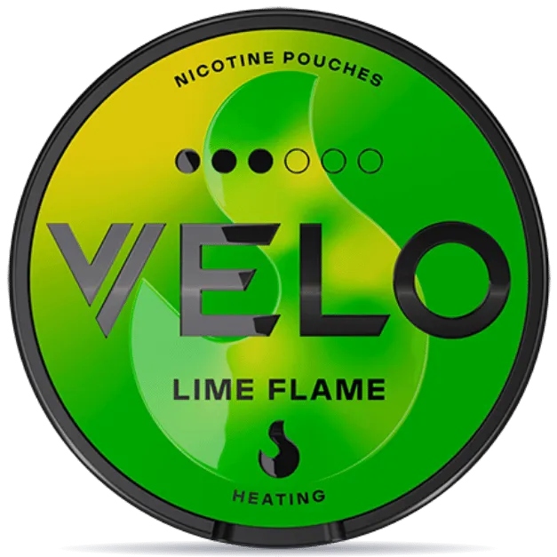 VELO Lime Flame 8mg slim nicotine pouches can, bright green and yellow flame design, spicy lime flavor, heating sensation, tobacco-free smokeless nicotine pouch packaging