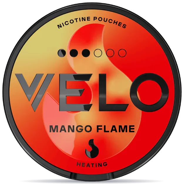 VELO Mango Flame Slim nicotine pouches can with black rim, red and orange fire design, spicy mango flavor, heating sensation, tobacco-free smokeless nicotine pouch packaging