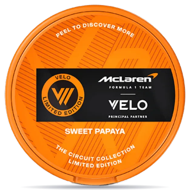 VELO McLaren Sweet Papaya nicotine pouches limited edition can