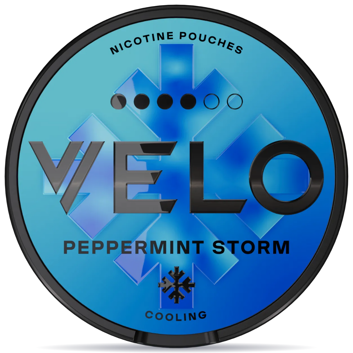 VELO Peppermint Storm nicotine pouches can with black rim, icy blue storm design, intense cooling peppermint flavor, tobacco-free smokeless nicotine pouch packaging