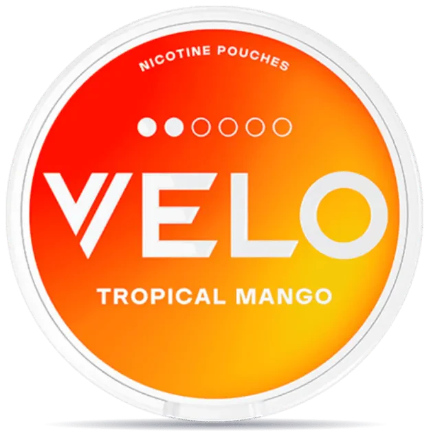 VELO Tropical Mango nicotine pouches can with white rim, orange and yellow gradient lid, fruity mango flavor, tobacco-free smokeless nicotine pouch packaging