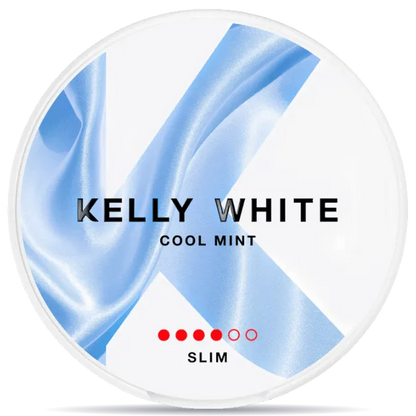 Kelly White Cool Mint Slim 8.4mg nicotine pouches can, refreshing mint flavor tobacco-free slim nicotine pouch packaging