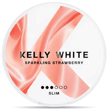 Kelly White Sparkling Strawberry Slim nicotine pouches can, 4.8mg nicotine per pouch, sweet strawberry flavor tobacco-free slim nicotine pouch packaging