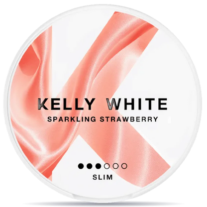 Kelly White Sparkling Strawberry Slim nicotine pouches can, 4.8mg nicotine per pouch, sweet strawberry flavor tobacco-free slim nicotine pouch packaging