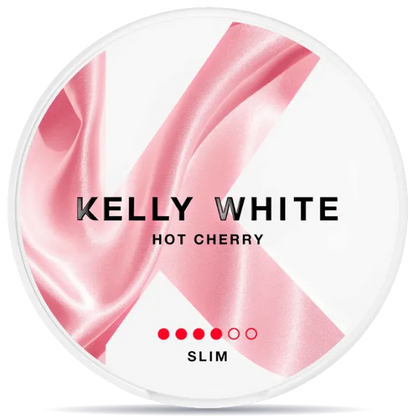 Kelly White Hot Cherry Slim nicotine pouches can, bold cherry flavor tobacco-free slim nicotine pouch packaging