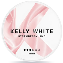 Kelly White Strawvberry Lime Mini can, strawberry and lime flavor tobacco-free mini nicotine pouch packaging