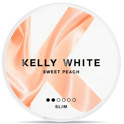 Kelly White Sweet Peach Slim 3.6mg nicotine pouches can, peach flavor tobacco-free slim nicotine pouch packaging