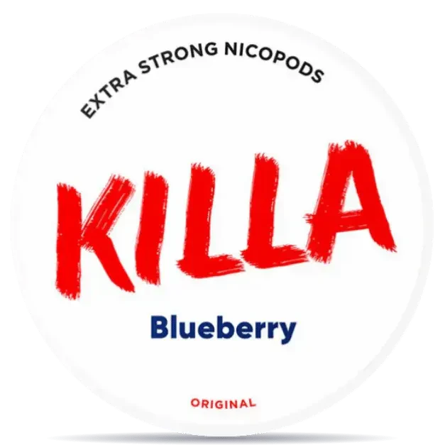 KILLA Blueberry 12,8 mg nicotine pouches can, extra strong blueberry flavor tobacco-free nicopods packaging