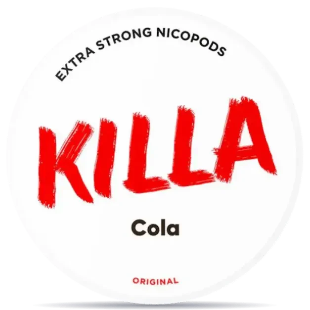 KILLA Cola 12,8 mg nicotine pouches can, extra strong classic cola flavor tobacco-free nicopods packaging