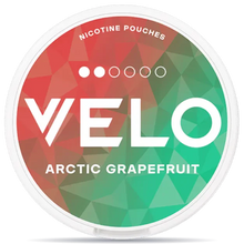 VELO Arctic Grapefruit 6mg nicotine pouches can with white rim, red and green citrus design, icy grapefruit flavor, tobacco-free smokeless nicotine pouch packaging