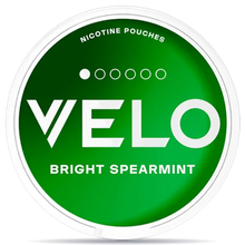 VELO Bright Spearmint Mini nicotine pouches can with fresh spearmint flavor, green VELO mini can packaging