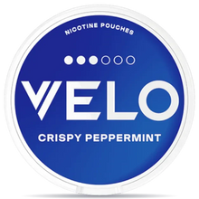VELO Crispy Peppermint Mini nicotine pouches can, refreshing peppermint flavor, tobacco-free smokeless nicotine pouch packaging