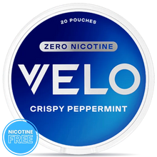 VELO Crispy Peppermint zero nicotine pouches can with blue packaging, nicotine free
