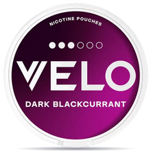 VELO Dark Blackcurrant nicotine pouches can with purple packaging, slim format, 8mg