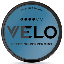 VELO Freezing Peppermint Slim nicotine pouches can in icy blue design, 10.9 mg strength, extra strong mint flavor, smokeless tobacco-free nicotine pouch packaging