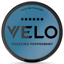 VELO Freezing Peppermint Slim 17mg nicotine pouches can in frosty blue design, extra strong mint flavor, tobacco-free smokeless nicotine pouch product packaging