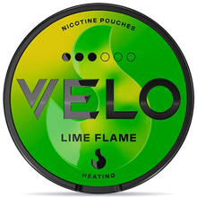 VELO Lime Flame 8mg slim nicotine pouches can, bright green and yellow flame design, spicy lime flavor, heating sensation, tobacco-free smokeless nicotine pouch packaging