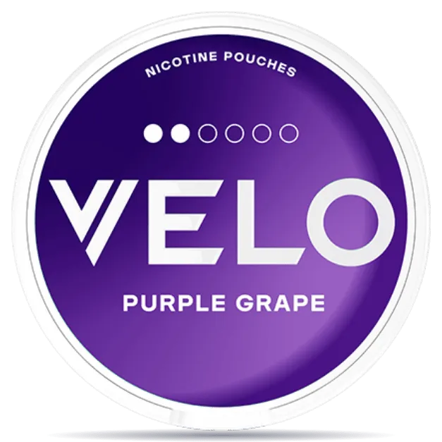 VELO Purple Grape 6mg nicotine pouches in round can with grape flavor
