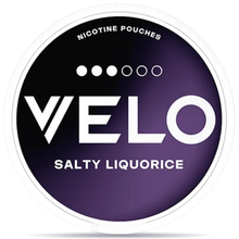 VELO Salty Liquorice nicotine pouches can with purple and black design, 10mg nicotine per pouch