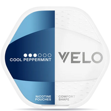 VELO Shift Cool Peppermint nicotine pouches can with blue and white packaging, comfort shape design