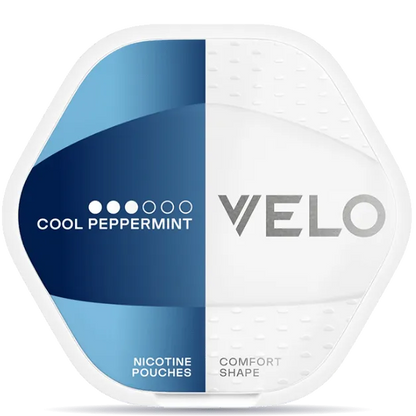 VELO Shift Cool Peppermint nicotine pouches can with blue and white packaging, comfort shape design