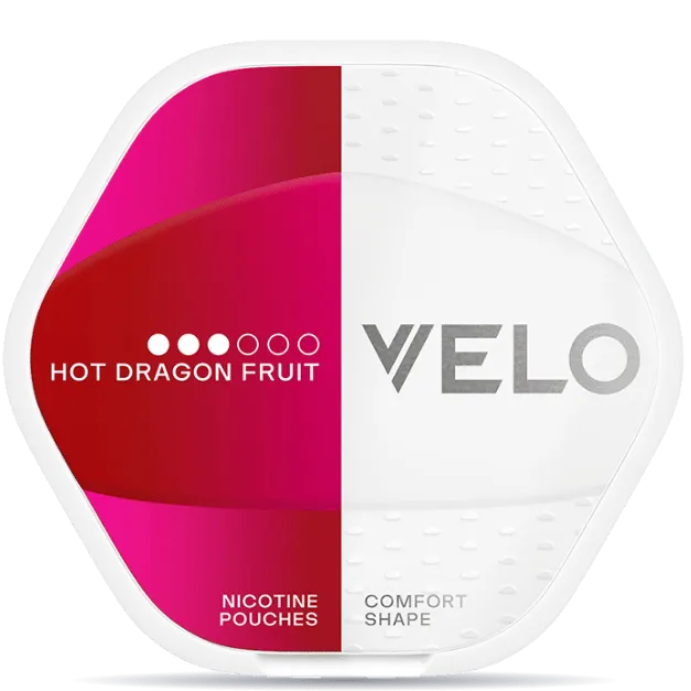 VELO Shift Hot Dragon Fruit 8mg nicotine pouches can in red and pink packaging with comfort shape