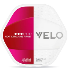 VELO Shift Hot Dragon Fruit 8mg nicotine pouches can in red and pink packaging with comfort shape
