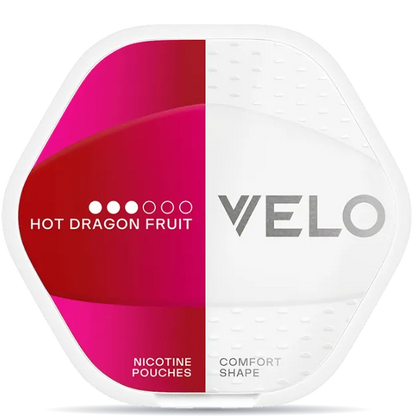 VELO Shift Hot Dragon Fruit 8mg nicotine pouches can in red and pink packaging with comfort shape
