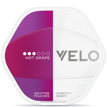 VELO Shift Hot Grape nicotine pouches can with purple and white design, VELO comfort shape