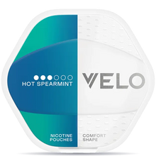 VELO Shift Hot Spearmint nicotine pouches can in teal and blue packaging with comfort shape