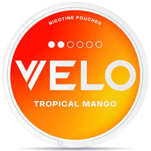 VELO Tropical Mango nicotine pouches can with white rim, orange and yellow gradient lid, fruity mango flavor, tobacco-free smokeless nicotine pouch packaging