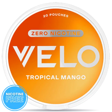 VELO Tropical Mango zero nicotine pouches can with orange packaging, nicotine free