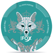 White Fox Double Mint nicotine pouches can, refreshing mint flavor all white portion snus packaging made in Sweden