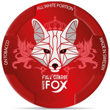 White Fox Full Charge nicotine pouches can, extra strong mint all white portion snus packaging made in Sweden