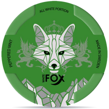 White Fox Peppered Mint nicotine pouches can, mint with pepper flavor all white portion snus packaging made in Sweden