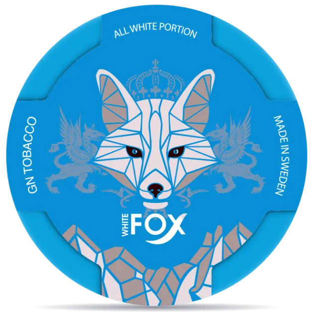 White Fox original nicotine pouches can, classic mint all white portion snus packaging made in Sweden