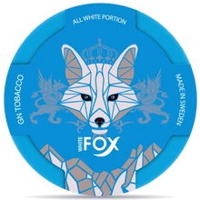 White Fox original nicotine pouches can, classic mint all white portion snus packaging made in Sweden